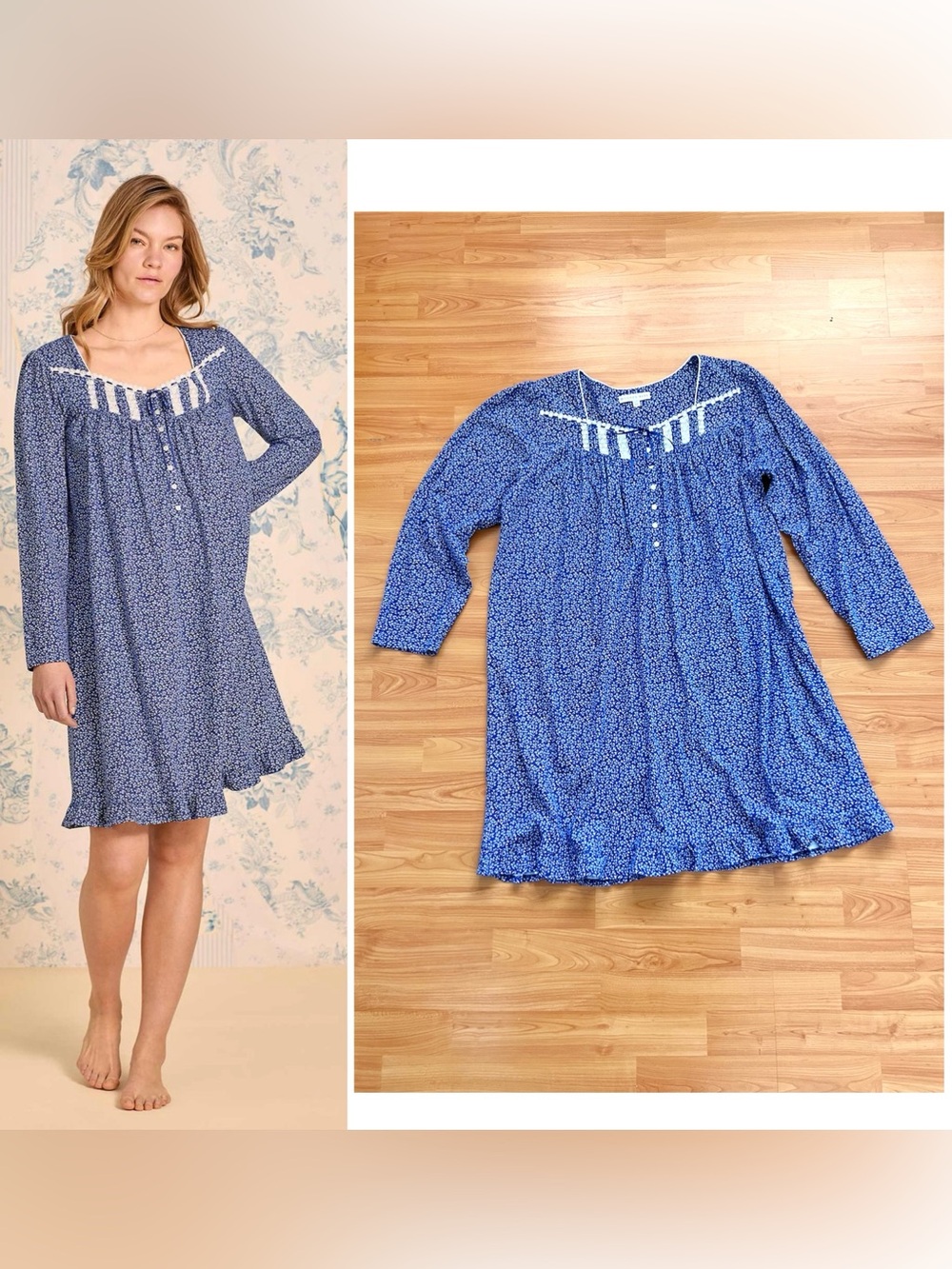 Eileen West Navy Thistle Cotton Knit Long Sleeve Short Nightgown